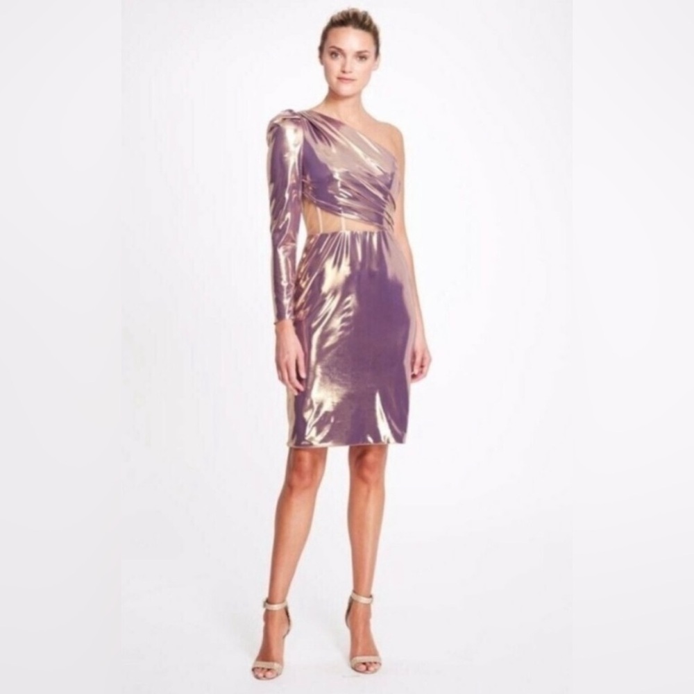 Marchesa Notte One Sleeve Lame Dress Purple Gold Metallic Size 6 Corset EUC - Picture 2 of 8